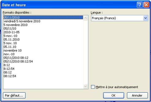 Boite de dialogue Date et heure